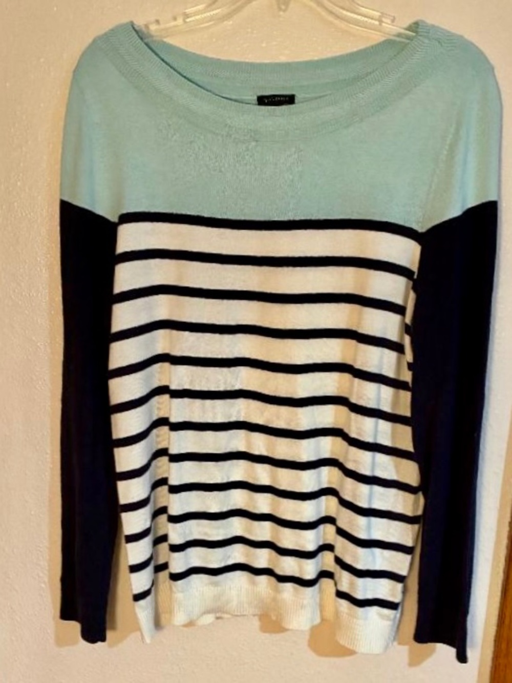 Talbots sweater, aqua color/black & white stripes, size L